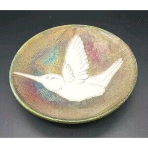 Raku Art Pottery Jeremy Diller Hummingbird Dish Signed Iridescent Oil Slick